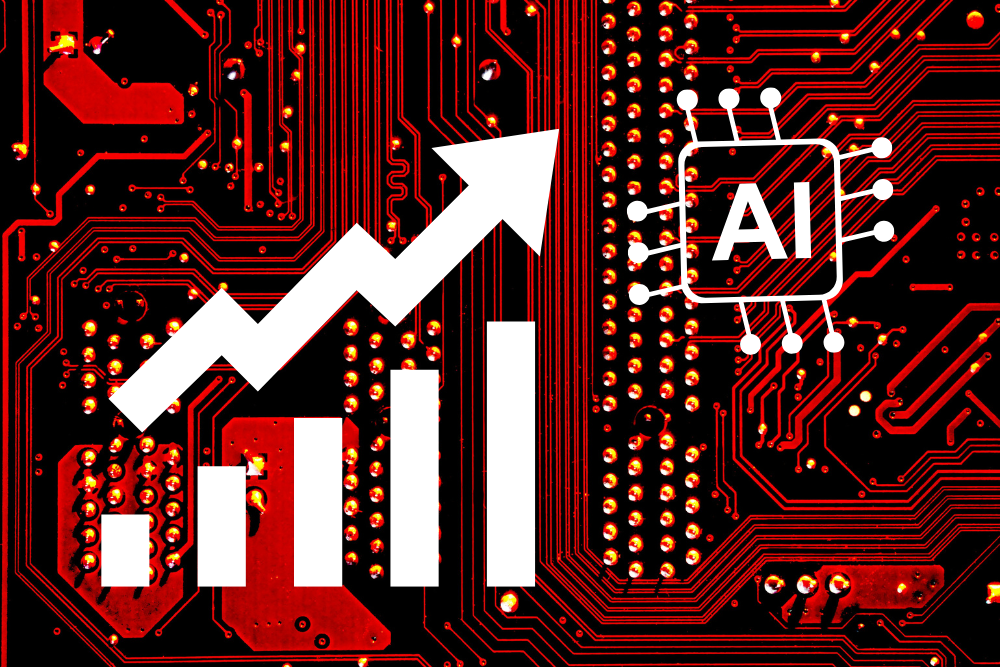A graphic featuring a red circuit board as a background with a graph and AI icon to indicate the price increase of IT components due to rising demand in processing units.