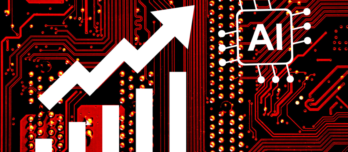 A graphic featuring a red circuit board as a background with a graph and AI icon to indicate the price increase of IT components due to rising demand in processing units.