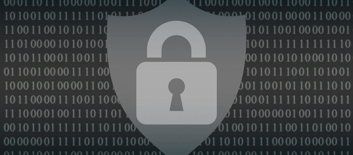 a graphical depiction of a firewall: a shield containing a padlock set against a background of binary code